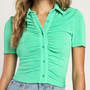 *5/$20 or 3/$15* Ruche Decision Green Ruched Short Sleeve Button-Up Collared Top